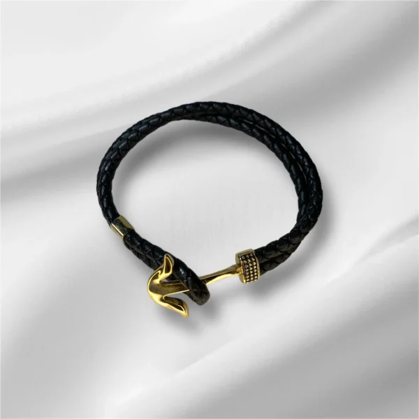 Men’s Black Leather Bracelet with Gold Stainless Steel Anchor Charm - Image 3